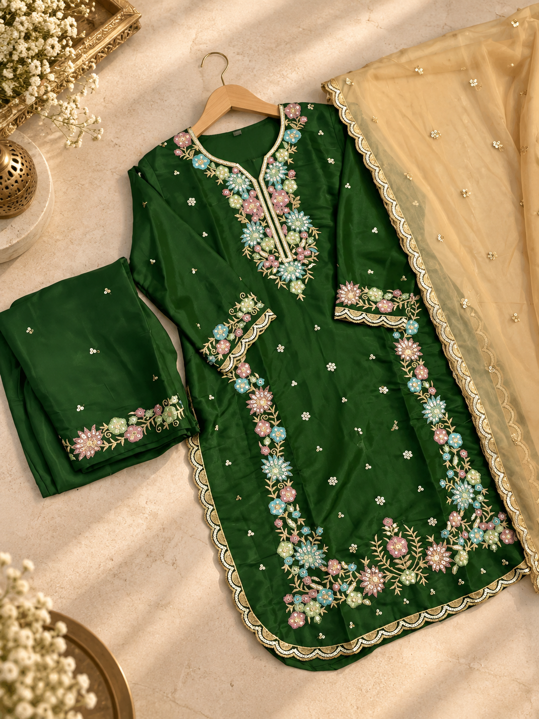 PT02- Emerald Bloom Embroidered Kurti Set