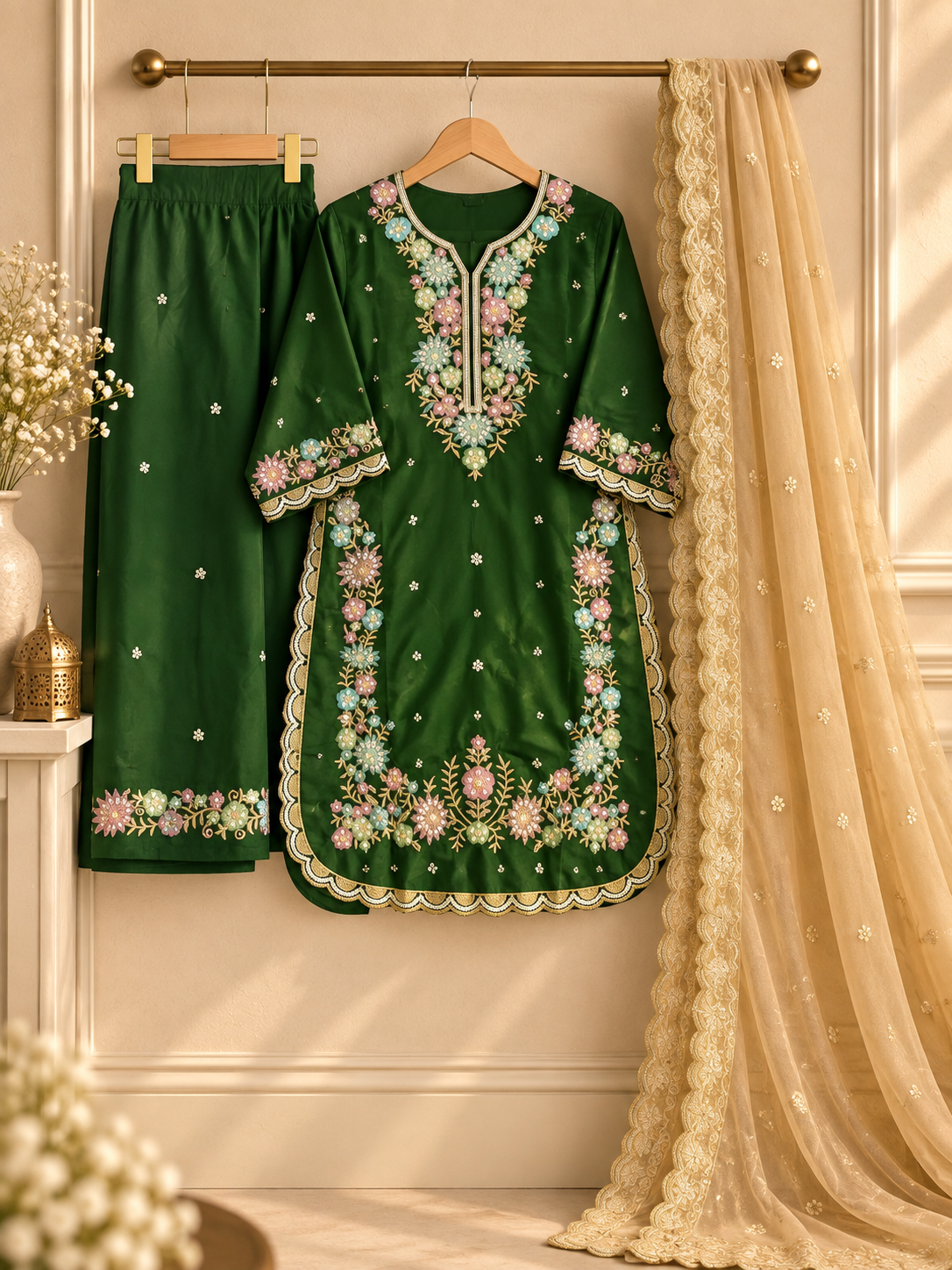 PT02- Emerald Bloom Embroidered Kurti Set
