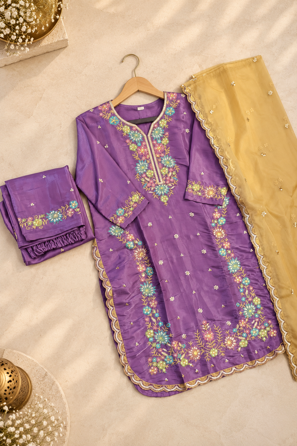 PT01- Royal Purple Floral Embroidered Kurti Set
