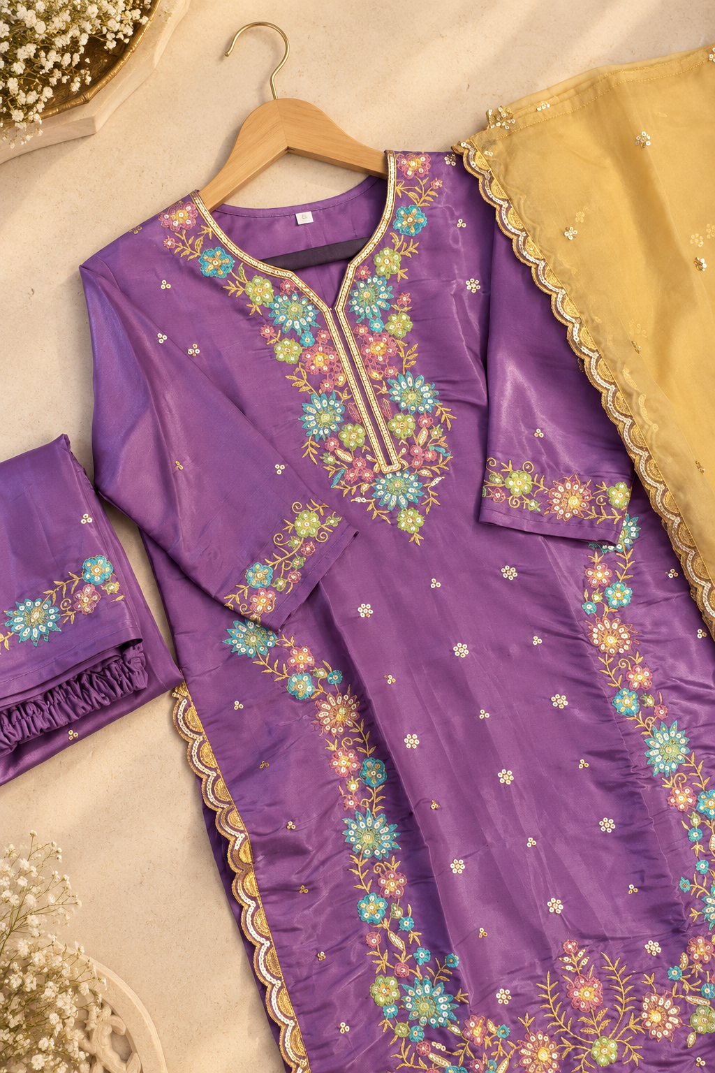 PT01- Royal Purple Floral Embroidered Kurti Set