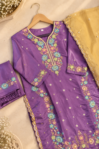 PT01- Royal Purple Floral Embroidered Kurti Set