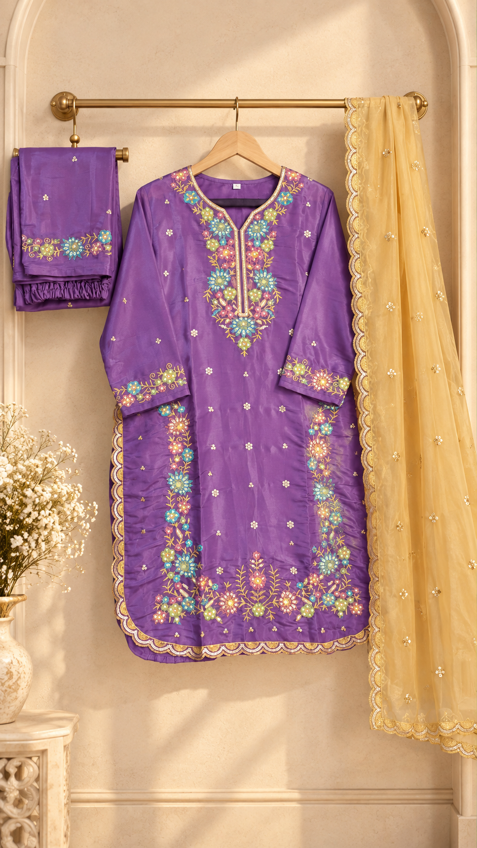 PT01- Royal Purple Floral Embroidered Kurti Set