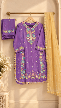 PT01- Royal Purple Floral Embroidered Kurti Set