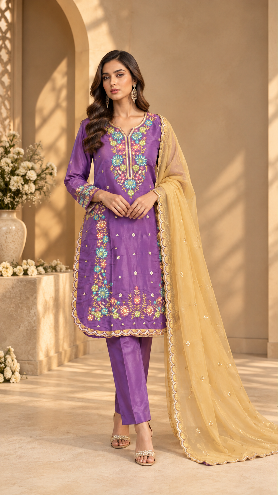 PT01- Royal Purple Floral Embroidered Kurti Set