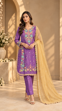 PT01- Royal Purple Floral Embroidered Kurti Set