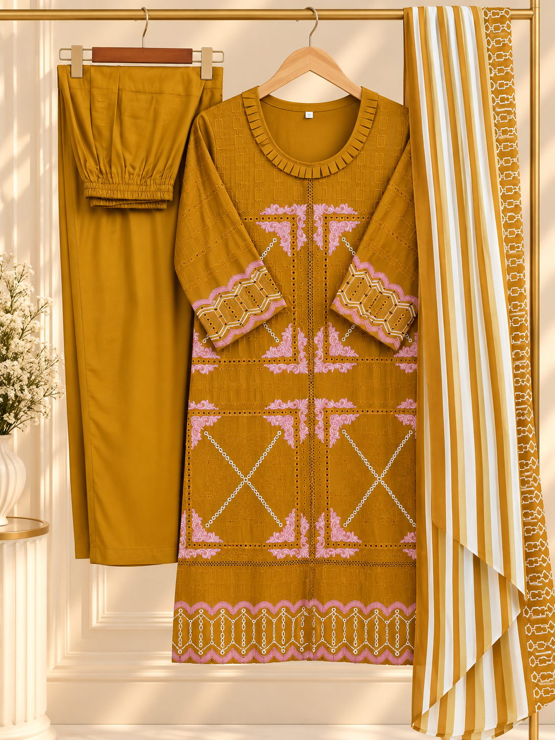 PT04 – Mustard Pink Embroidered Party Wear Set