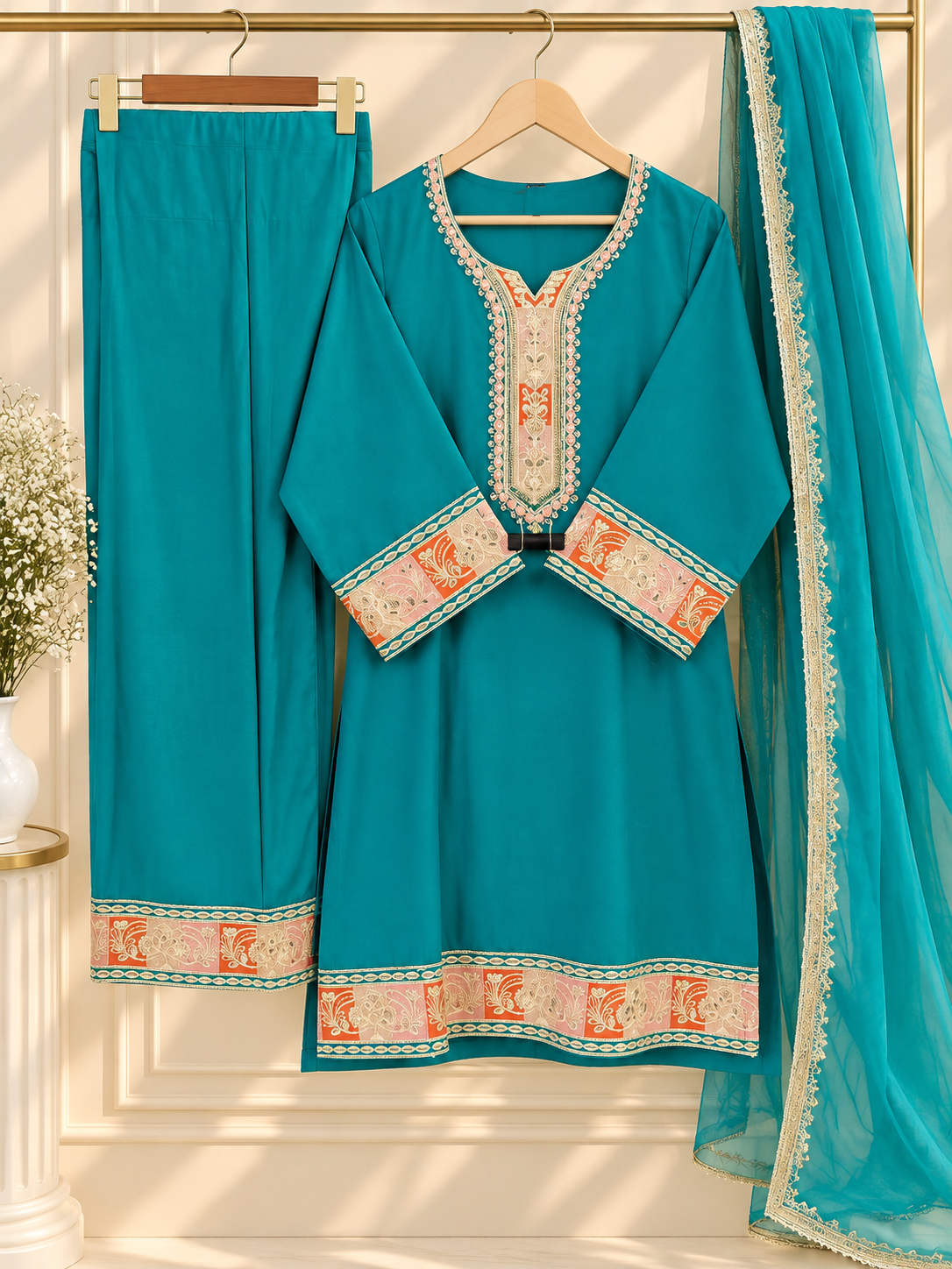 PT13 – Turquoise Embroidered 3-Piece Suit