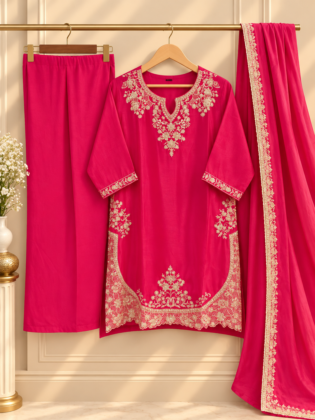 PT12 –Rani Pink Embroidered 3-Piece Suit