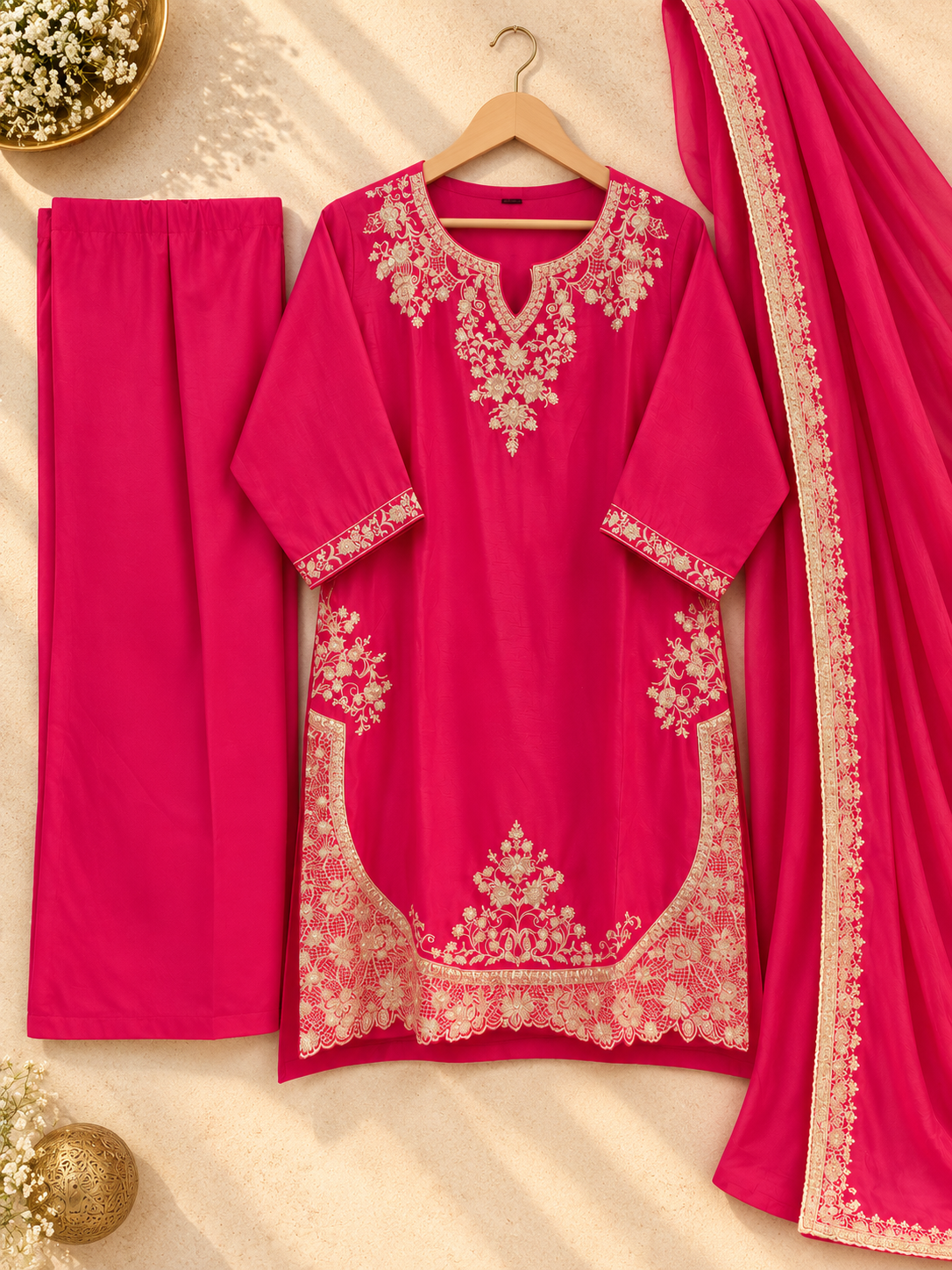 PT12 –Rani Pink Embroidered 3-Piece Suit