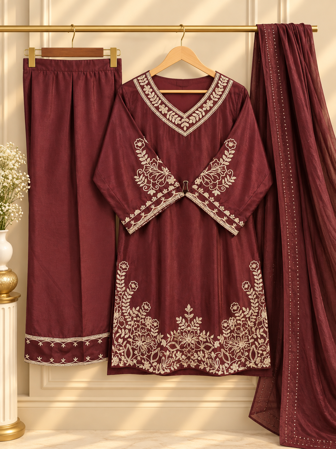 PT15- Royal Maroon Floral Embroidered Suit Set