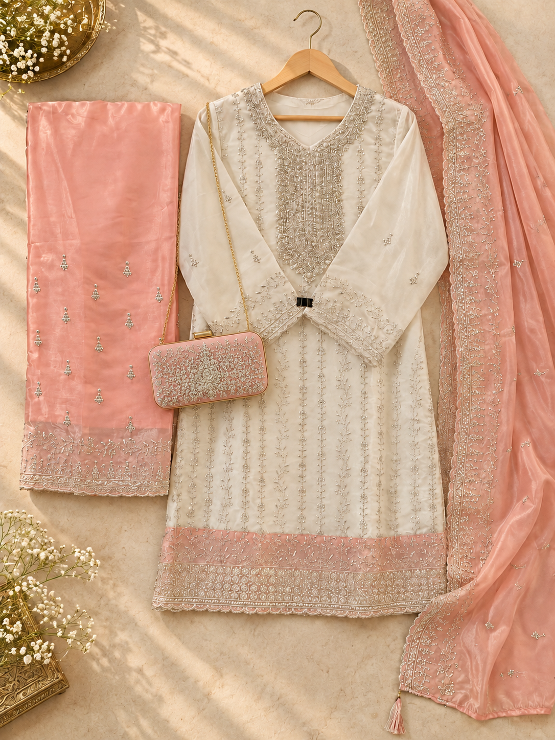PT16- Pearl Blush Embroidered 3-Piece Suit Set