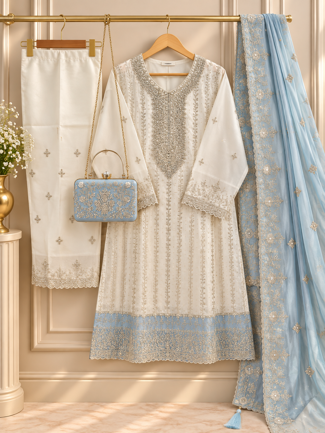 PT17- Ice Blue Pearl Embroidered 3-Piece Suit Set