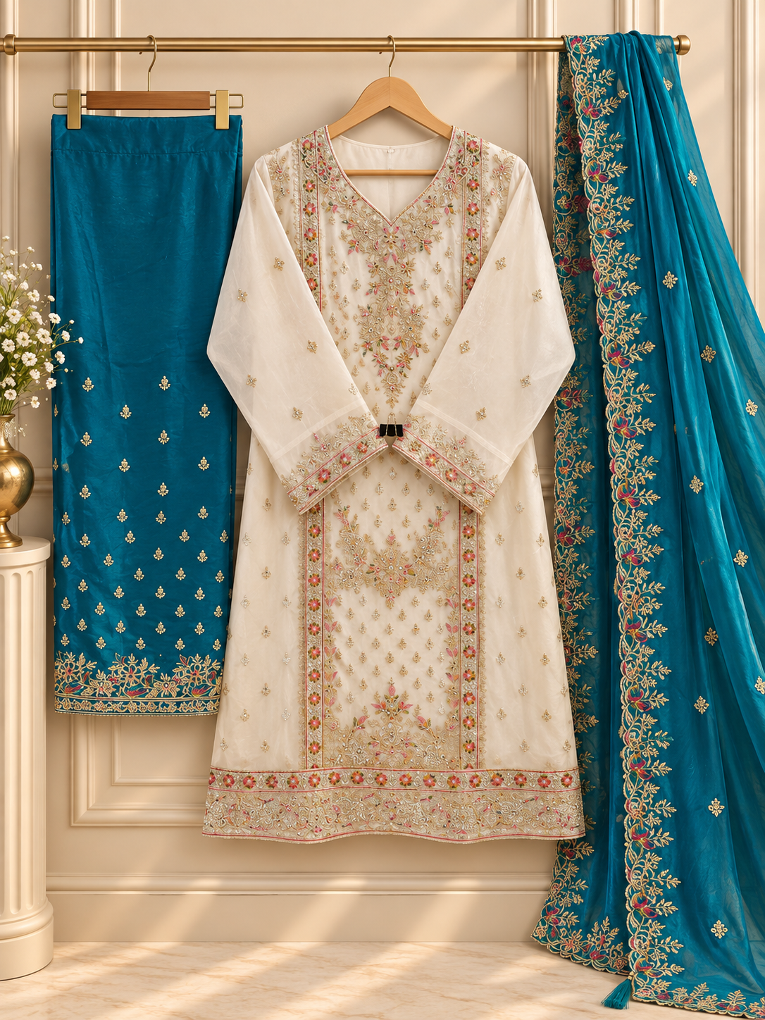 PT11- Turquoise Heritage Embroidered 3-Piece Suit Set
