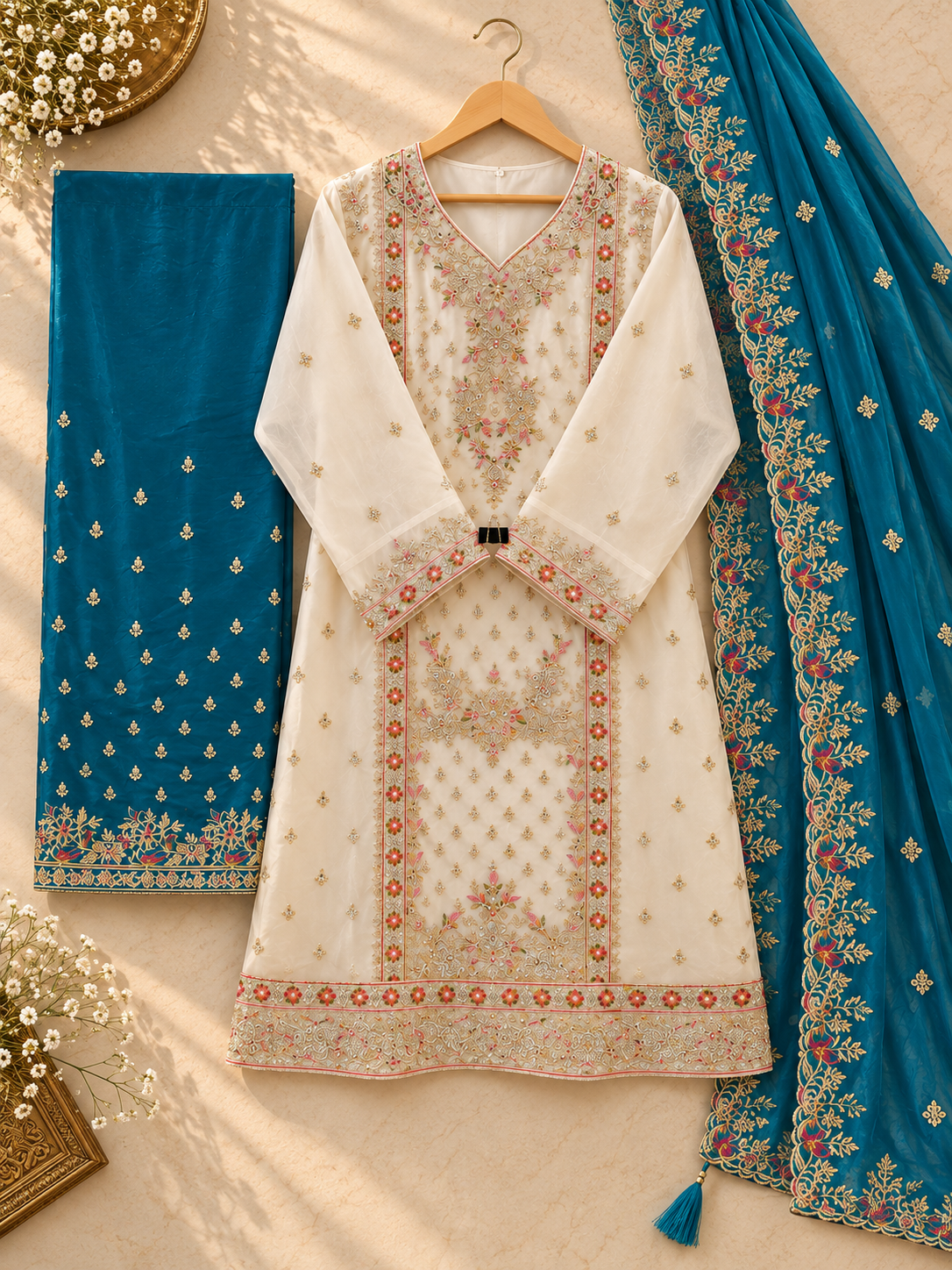 PT11- Turquoise Heritage Embroidered 3-Piece Suit Set