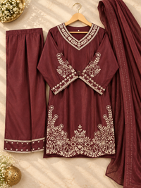 PT15- Royal Maroon Floral Embroidered Suit Set